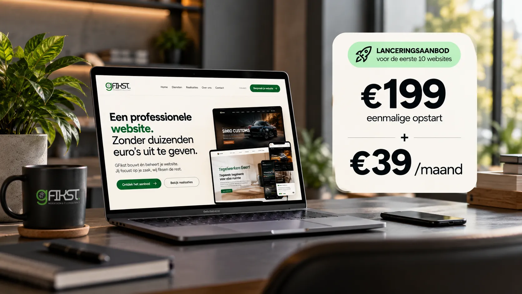 Laptop met de nieuwe GFikst-website en het lanceringsaanbod: €199 eenmalige opstart + €39 per maand